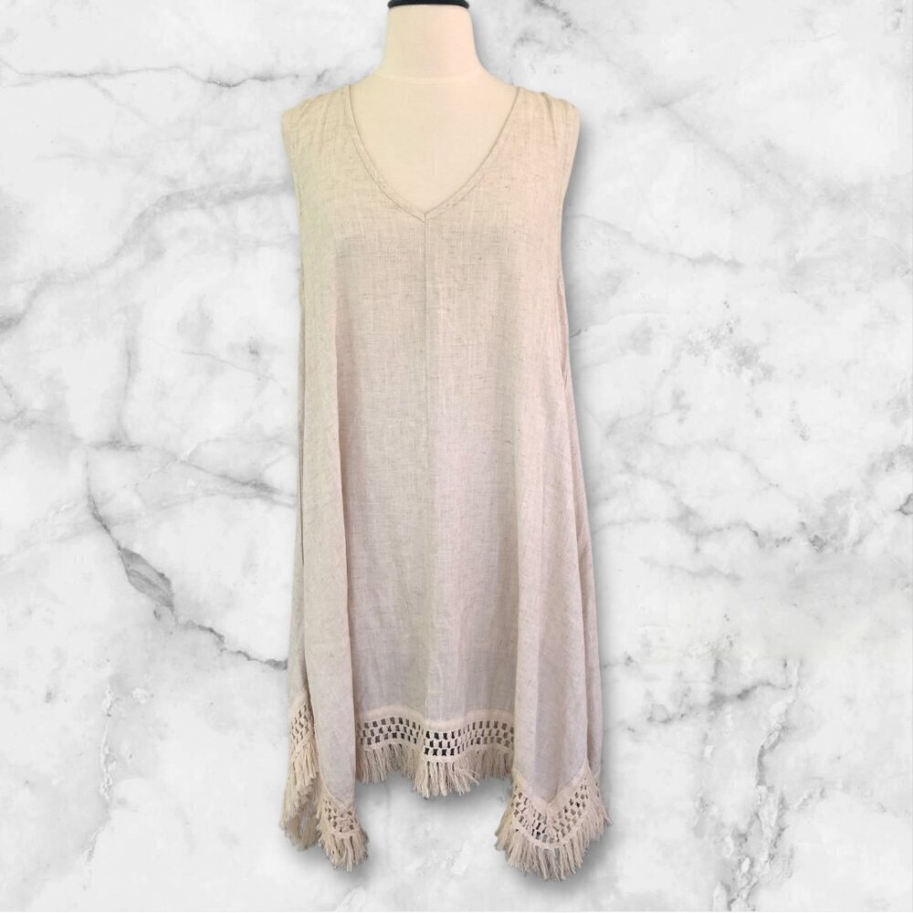 Bad Little Country Girl Tina Linen Blend Dress Crochet Fringe Hem Medium Boho